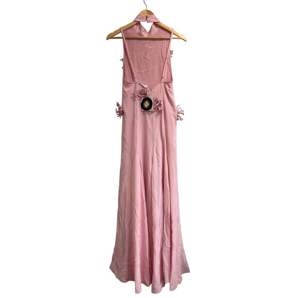 La Fuori 3D Floral Applique Ostrich Feather Pink Silk Backless Dress NWT $780 S - Picture 5 of 8